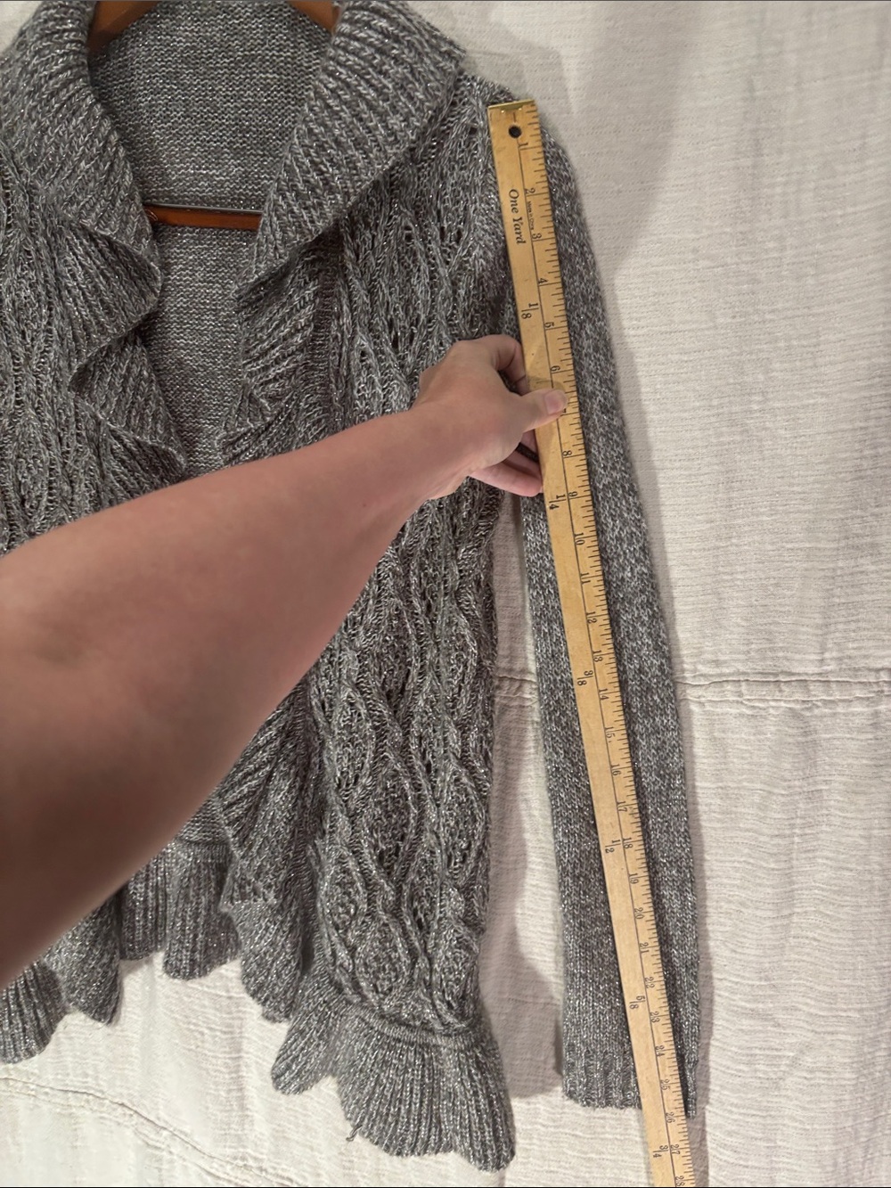 By Design Gray Marled Shimmer Ruffle-Trim Cable Knit Cardigan Sweater Size S/M - Picture 5 of 8